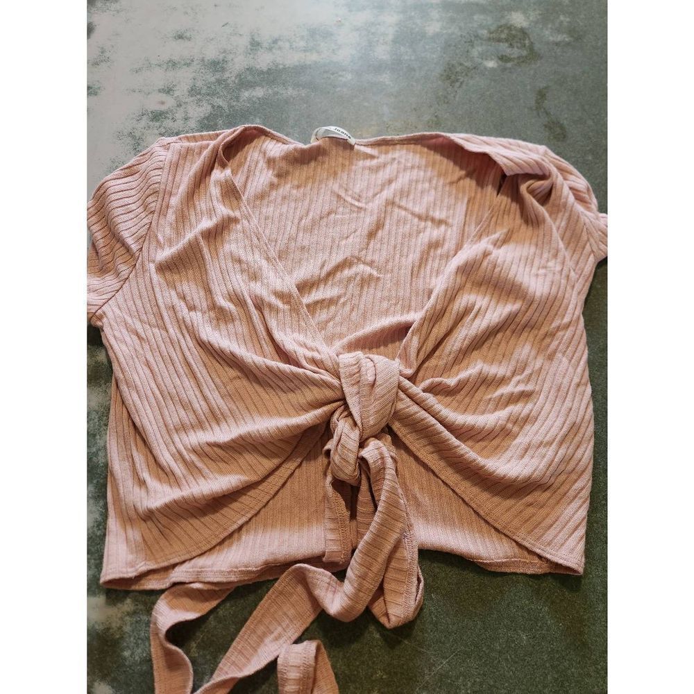 Reformation Petola Blush Flora Pink Ribbed Knit Crop Top Wrap Tie Waist sz Large